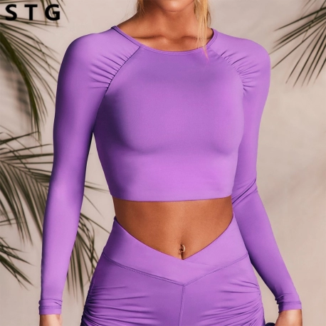 Backless Long Sleeve Women Gym Yoga Crop Tops Workout Fitness Running Sport T Shirts Training Sportswear Loose Quick drying|Yoga