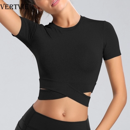 VERTVIE Tight  Yoga Shirts Women Short Sleeve Cropped Gym Tops Fitness  Running Workout Sport T Shirts Sports Wear|Yoga Shirts|