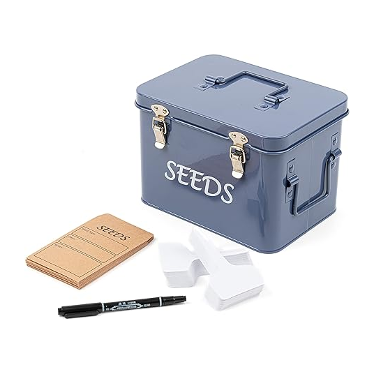 Metal Seed Storage Box with 100 Plant Labels, 10 Seed envelopes, Marker Pen