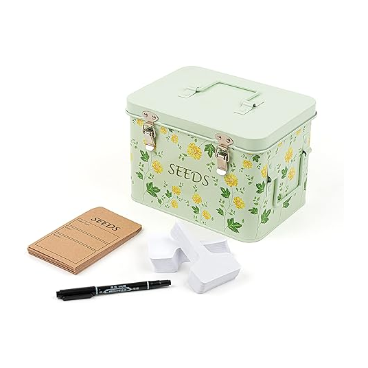 Green Metal Seed Storage Box with 100 Plant Labels, 10 Seed envelopes, Marker Pen