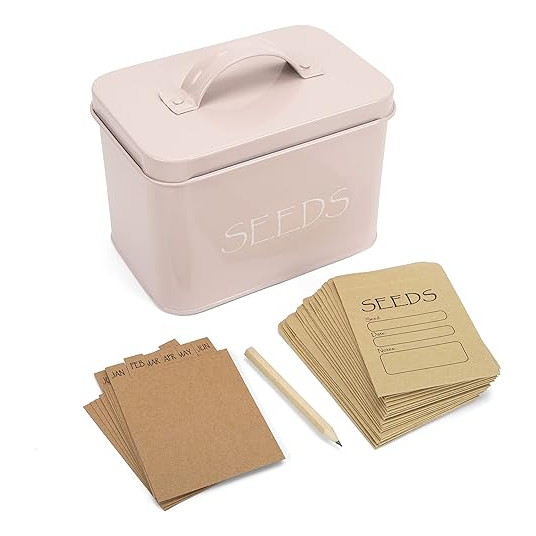 Metal Seed Storage Box with Monthly Dividers, 20 Envelopes and Pencil