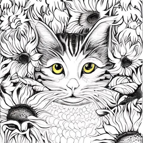 Love Cats Love Coloring Sheet cat in sunflowers