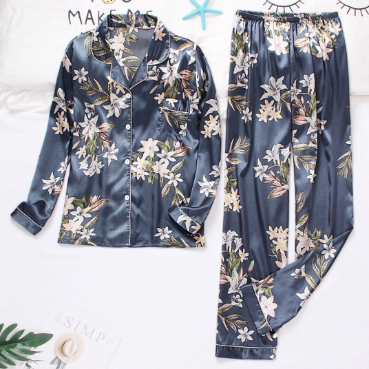 Womens Silk Satin Pajamas Set Long Sleeve Two Piece Pj Sets Sleepwear Loungewear Button Down Floral Printing Pijamas