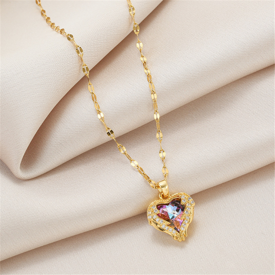 Luxury Colorful Crystal Ocean Heart Pendant Necklace For Women  Fashion Stainless Steel
