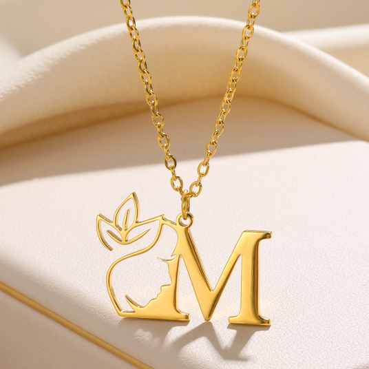 Beauty Flower Initial Necklace Women Girl Gifts Stainless Steel Gold Color Letter Pendant Choker Alphabet
