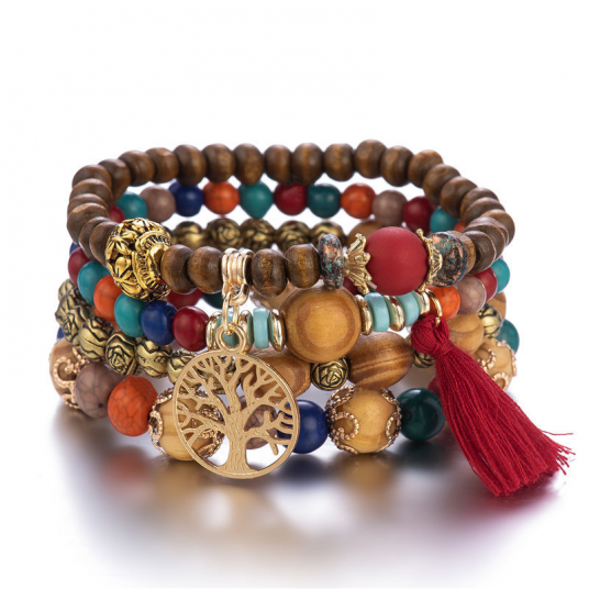 4Pcs Bohemia Tree Of Life Charm Beaded Bracelet Set For Women Handmade Wood