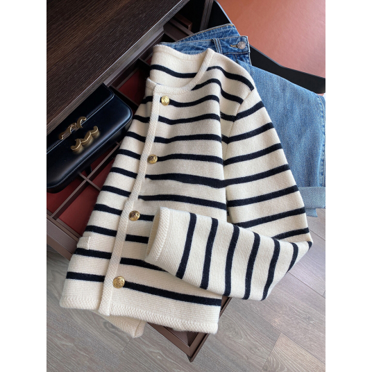Spring Autumn Sweaters O-neck Stripe Knitted Cardigan Fashion Long Sleeve Casual Short for women