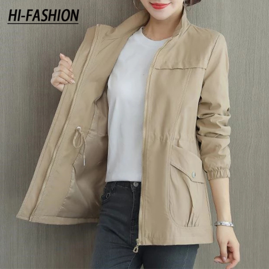 HI-FASHION Women Double Layer Windbreaker Autumn Casual Slim Coat Fashion Plus Size 4Xl Stand-Up