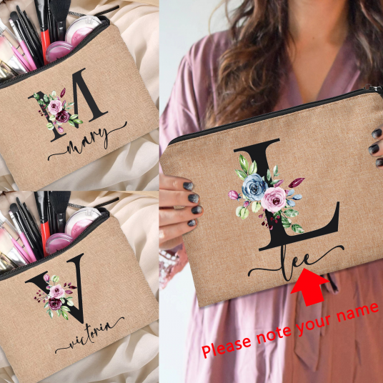 Customized Personalized Name Linen Cosmetic Bag Bridesmaid Clutch Outdoor