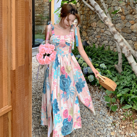 White Floral Print Strappy Sleeve Summer Dress