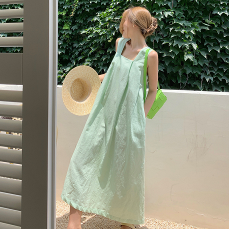 Green Square Collar Sling Backless Boho  Dress