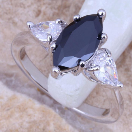 Jasmine: Superior and Elegant Marquise cut Black Created Sapphire with trillion White zirconia diamonds on pure  silver stamped