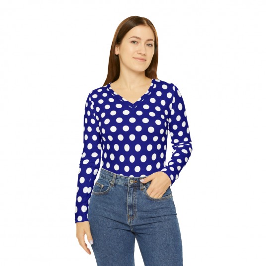 Blue Polka Dot Long Sleeve V-neck Shirt