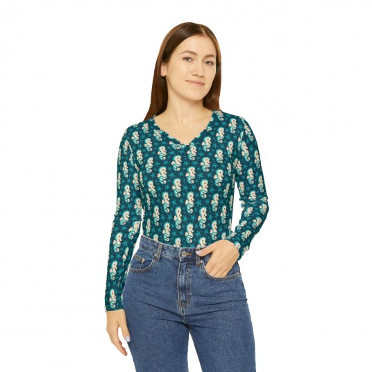 Seahorse Teal V-neck Shirt  AOP 