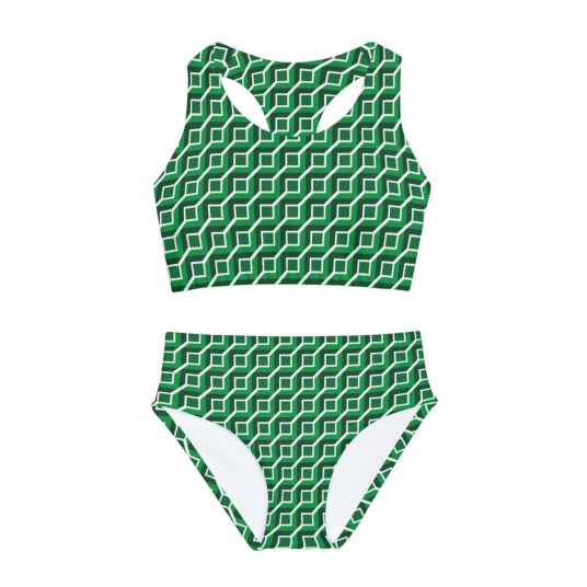 Girls Green Geo Squares Swimsuit 