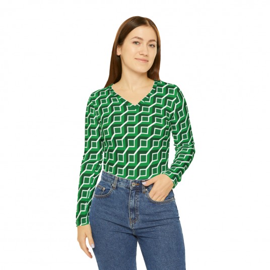 Green Geo Squares V-neck Shirt 