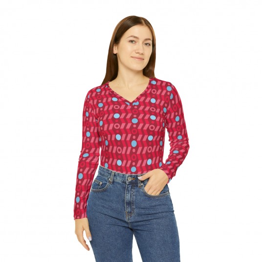 Women sRed With Blue Dots Long Sleeve V-neck Shirt