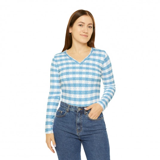 Women sBaby Blue Gingham  Long Sleeve V-neck Shirt 