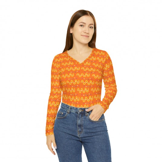 Women s Curly Lines Orange V-neck Shirt 