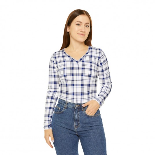 Women s Blue Plaid V-neck Shirt