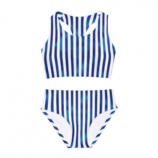 Girls Blue Striped Two Piece Swimsuit