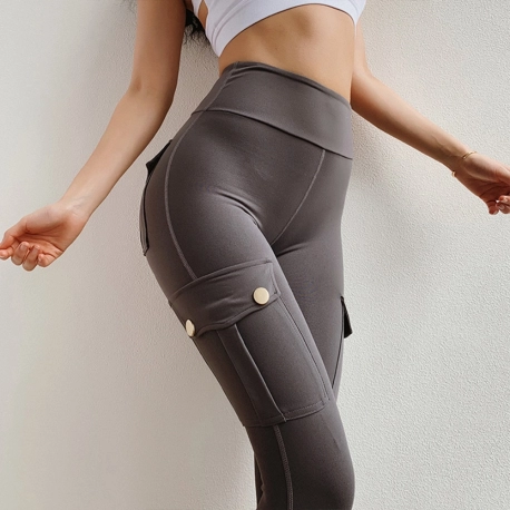 2021 Fitness Women Leggings Withe Pocket Solid High Waist Push Up Polyester Workout Leggings Cargo Pants Casual Hip Pop Pants