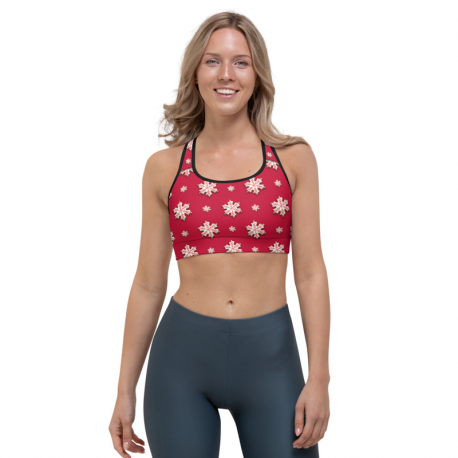 red and white snowflakes sports bra