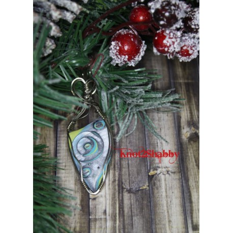 C1 Wire Wrapped Polymer Clay Pendant - Grey Turquoise & Lime Green