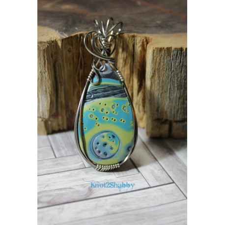 C20 Lunar Galaxy  Wire Wrapped Polymer Clay Pendant - Grey Turquoise & Lime Green