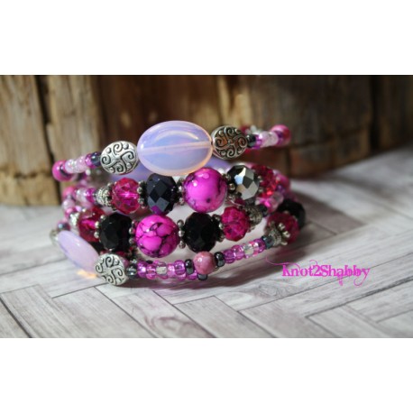 C14 Pretty in Pink - Pink, Black & Silver Memory Wire Wrap Bracelet