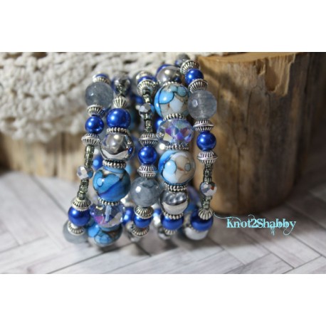 C15 Pebbles in the Stream - Blue, Grey and Silver Memory Wire Wrap Bracelet
