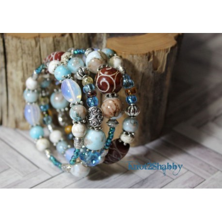 C18 Beach Comber - Aqua Blue, Opalite, Brown and Cream Memory Wire Wrap Bracelet