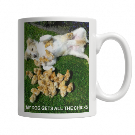 My Dog Gets All The Chicks! 11oz Ceramic White Mug (MondoPooch Exclusive)