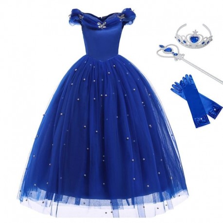 Cinderella Princess Girls Dress Fairy Tales Deluxe Cosplay Costume Sleeveless Blue Gown Kids Party Halloween Birthday Clothes