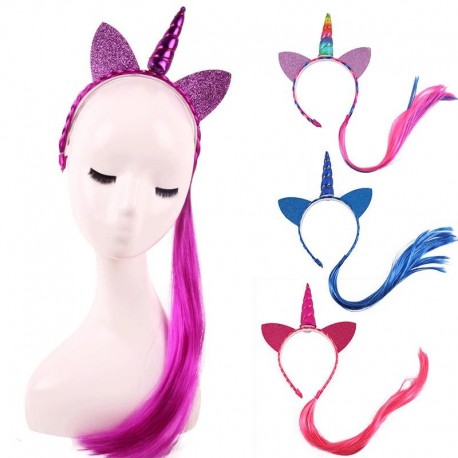 Nishine Rainbow Color Ponytail Unicorn Horn Headbands Glitter Ears Kids Girls Princess Braid Wig Hairbands Hair Accessories