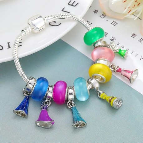 TOGORY Silver Color Cute Princess Dress Pendant Charm Bracelet Crystal Colorful Beads Brand Bracelet for Kids Women Jewelry