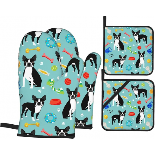 Boston Terrier Toys Dog Oven Mitts and Pot Holders Sets 4 Piece Set Anti-Scalding Heat Insulation Gloves Suitable for Baking