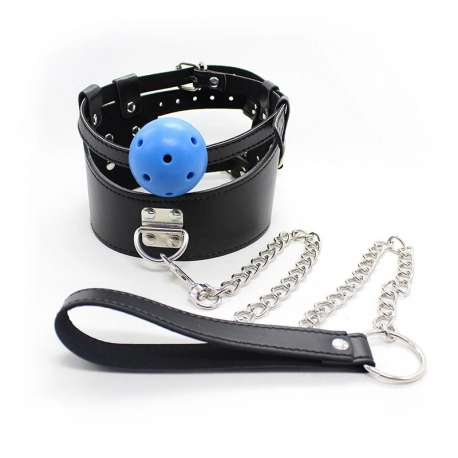 Leather Mouth Ball Gag Neck Collar Traction Chain Mouth Plug