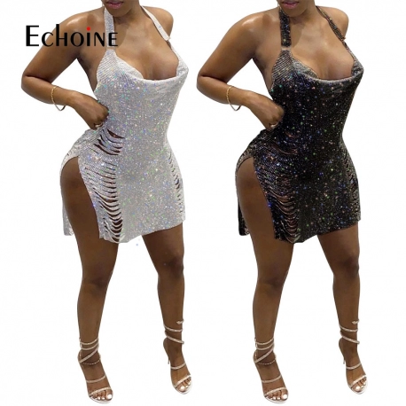 Silver Sequined Hollow Backless Sexy Mini Dress