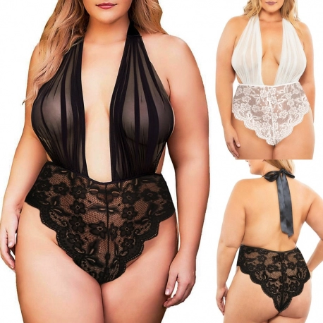 Lace Deep V-Neck Teddy Halter Backless Jumpsuit Plus Size Available