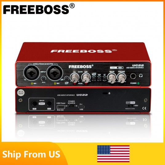 FREEBOSS 24bit 192KHz Audio Interface External Loopback Usb Sound Card Guitar Recording Stereo Monitor Soundcard for studio UC22
