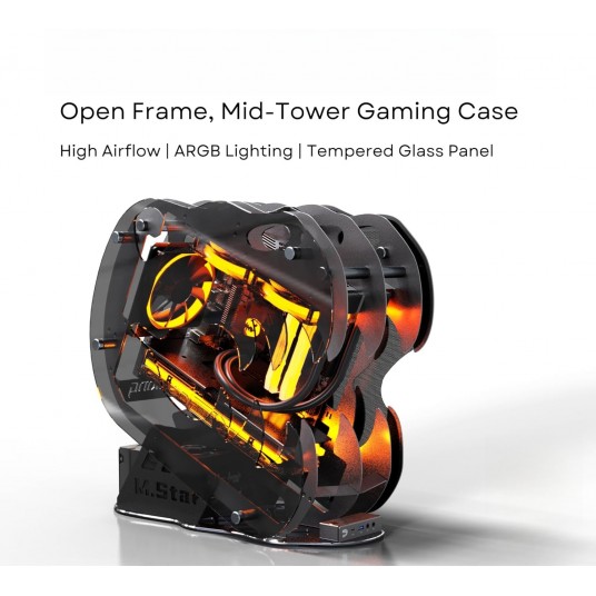 Open-Frame Mid-Tower Micro-ATX/Mini-ITX Gaming PC Case, Tempered Glass Side Panel, Pre-Installed ARGB PWM Fan, with USB3.0