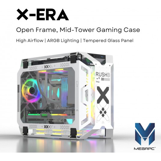 X-Era Open-Frame Mid-Tower Micro-ATX/Mini-ITX Gaming Case – Tempered Glass Panels, High Airflow, ARGB Lighting, USB-C Port