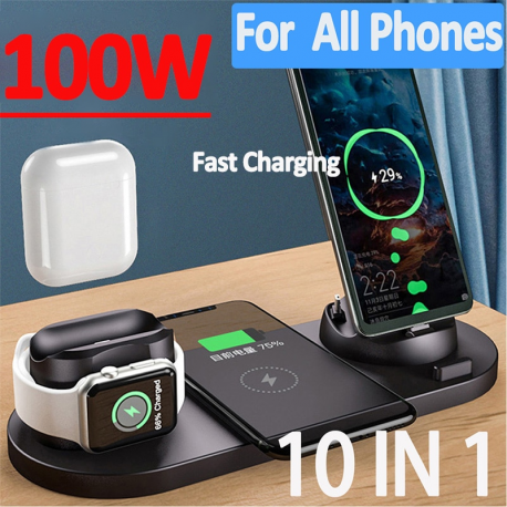 100W 10 in 1 Wireless Charger Stand For iPhone 14 13 12 11 Samsung Xiaomi  Fast Charging Dock Station for Airpods Pro iWatch 7