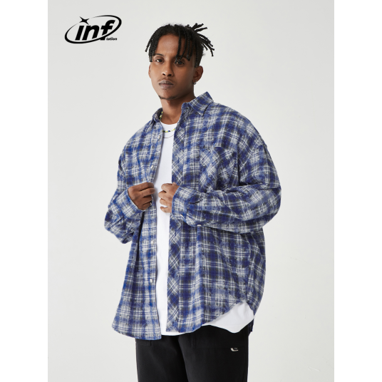 INFLATION Brushed Check Shirts Men Blue Plaid Long Sleeve Oversized Shirts Male Plus Size