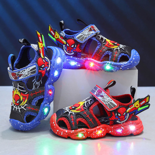 LED Lights Children's Sandals Summer Boys' Beach Leisure Children's Cartoon Headed Hollow Out Sandals Outdoor Anti Slip Shoes