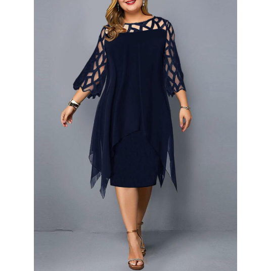 Elegant Midi Party Dress For Chubby Women Xxl O Neck Lace Sleeve Hollow Out Solid Sexy Women'S Clothing  Evening Dresses 2023