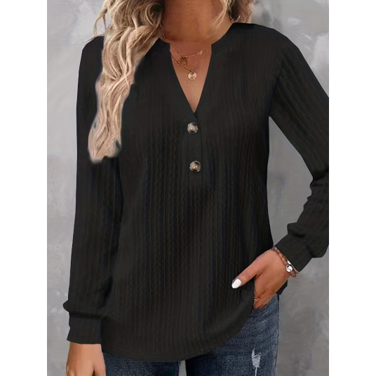 T-Shirt Womens Fashion Autumn Winter Long Sleeve V-Neck Ladies Tops Casual Solid Color Button Oversized Shirts Female