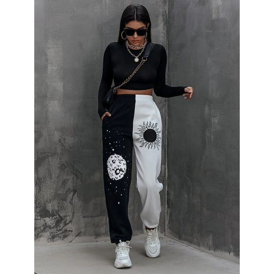 2023 Autumn And Winter Women's Clothing Pants Harajuku Elastic Waist Pocket Side Sun Moon Graphic Print Colorblock Punk Trousers