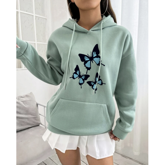 Hirsionsan Butterflies Graphic Print Hoodies Women Chic Long Sleeve Oversized Female Sweatshirt Streetwear Fleece Ladies Clothes